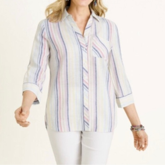 Chico’s pastel stripe no iron 3/4 sleeve button down linen shirt size large - Picture 3 of 6